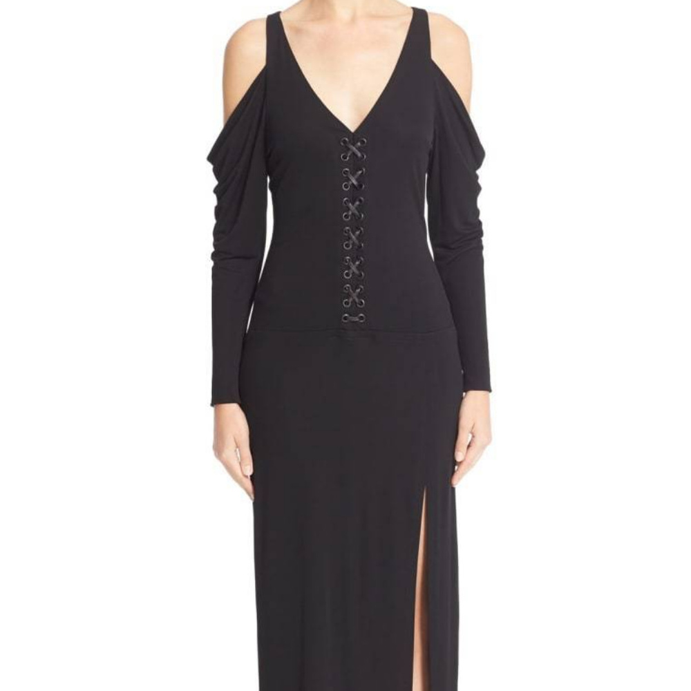 YIGAL AZROUEL LACE UP COLD SHOULDER MIDI DRESS BLACK SIZE 10